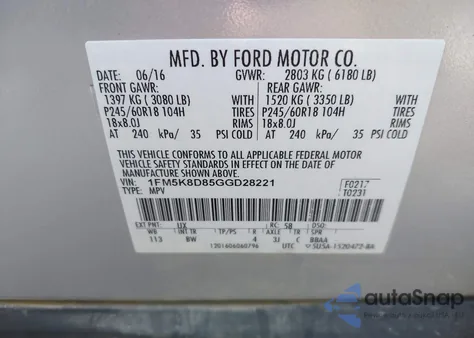 2016 Ford Explorer Xlt from USA, damaged, VIN 1FM5K8D85GGD28221
